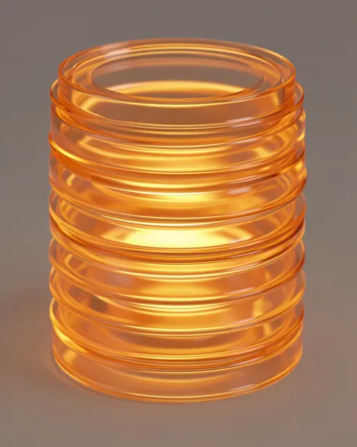 Stacked translucent amber discs glow softly against a neutral gray background