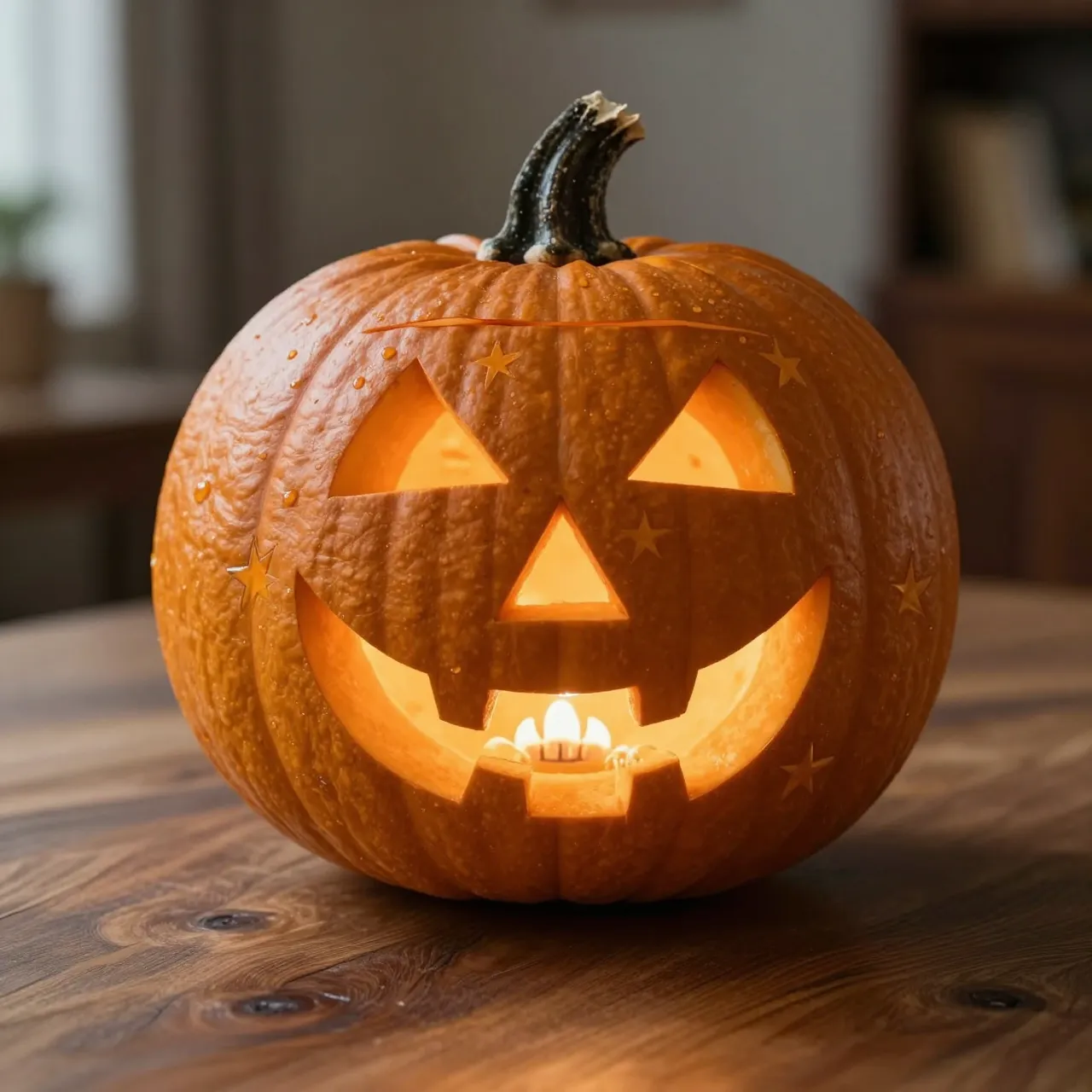 A lit jack-o'-lantern with star carvings sits glowing on a wooden table in a dim interior room