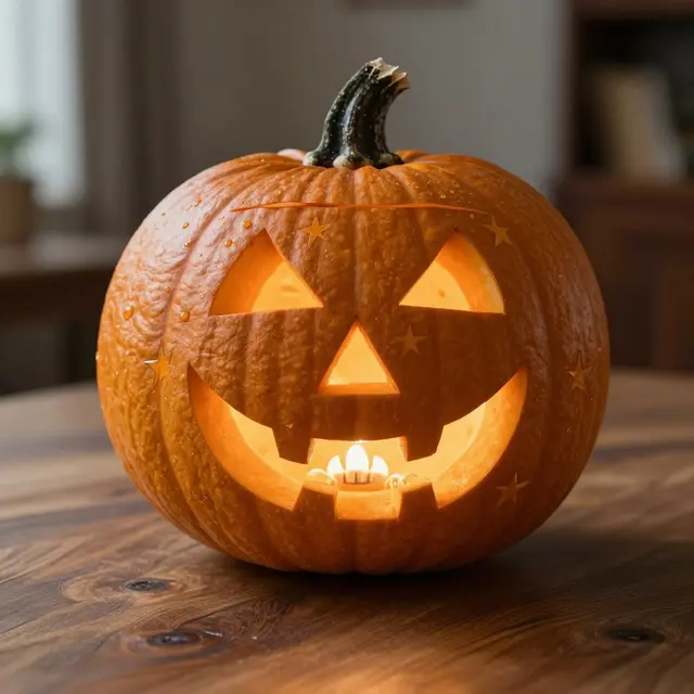 A lit jack-o'-lantern with star carvings sits glowing on a wooden table in a dim interior room