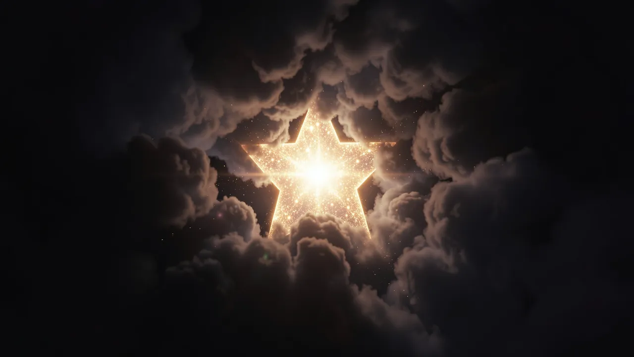 A bright glowing star-shaped light spills out through gaps in dark interstellar dust clouds
