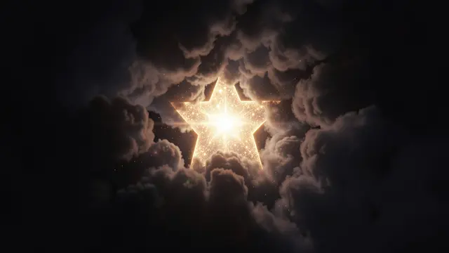 A bright glowing star-shaped light spills out through gaps in dark interstellar dust clouds