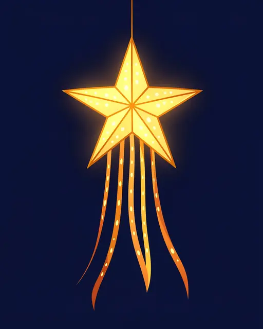 A glowing golden star-shaped parol lantern hangs with long tassels against a dark navy night sky