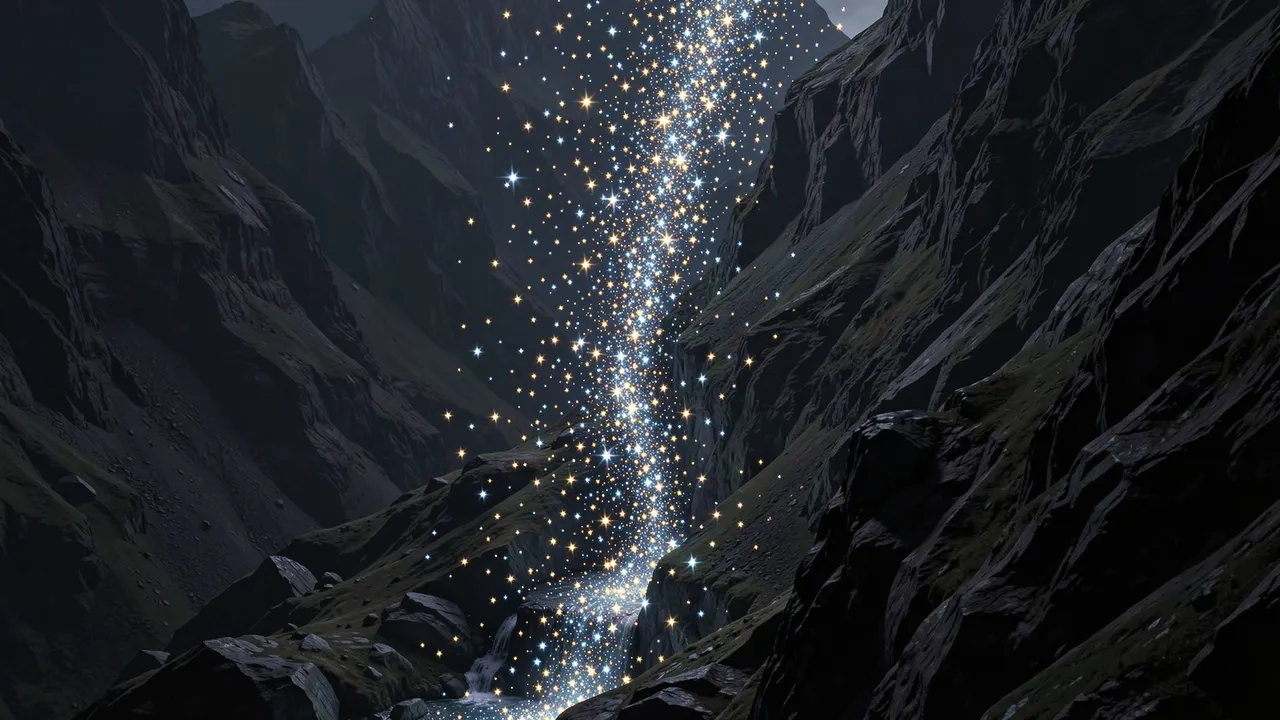 A stream of glowing golden and blue stars pours down a dark rocky mountain gorge at night