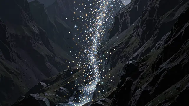A stream of glowing golden and blue stars pours down a dark rocky mountain gorge at night