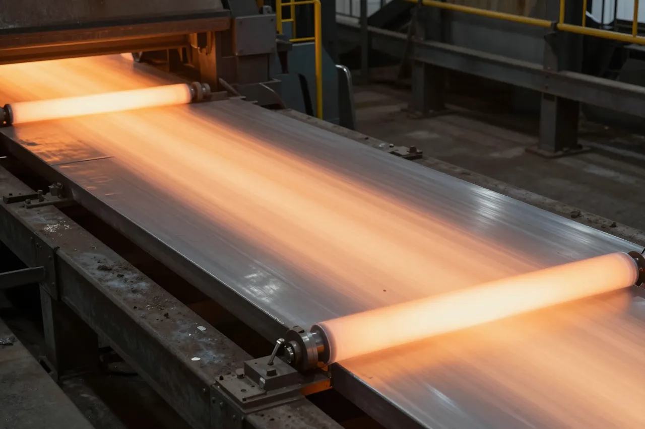 Hot glowing steel slab moves through industrial rolling equipment inside a steel mill