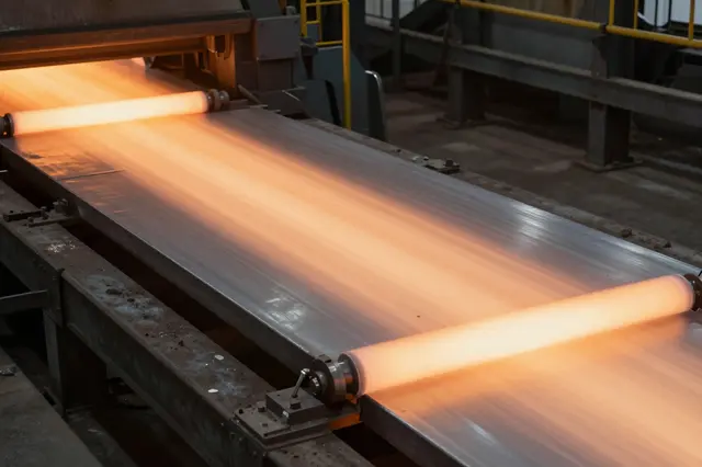 Hot glowing steel slab moves through industrial rolling equipment inside a steel mill