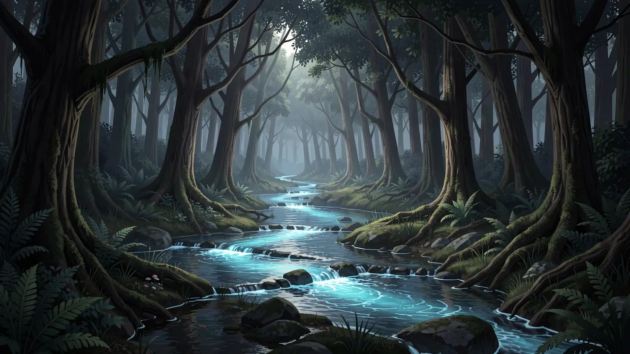 A winding glowing blue stream flows through a misty dense dark forest of tall old trees