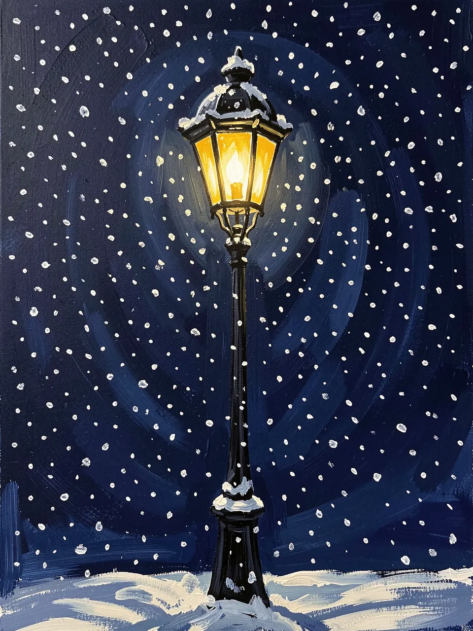 Acrylic painting of a glowing vintage street lamp standing in falling snow under a dark navy night sky