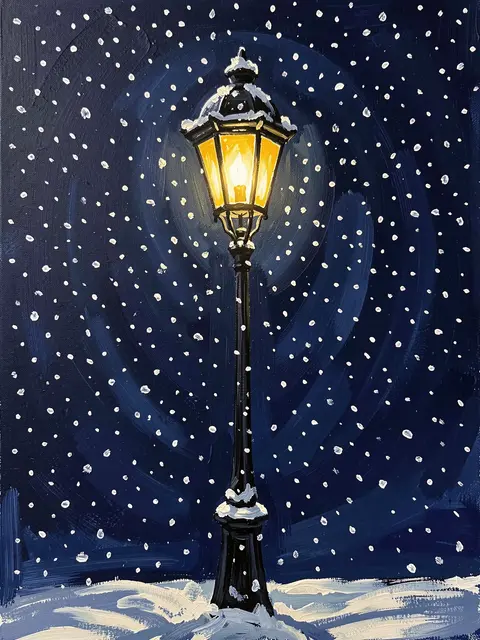 Acrylic painting of a glowing vintage street lamp standing in falling snow under a dark navy night sky