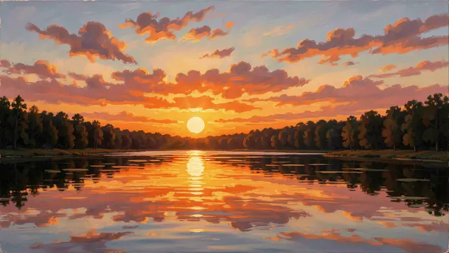 Textured oil painting of a bright sunset casting golden reflections across a quiet lake lined with forested shores