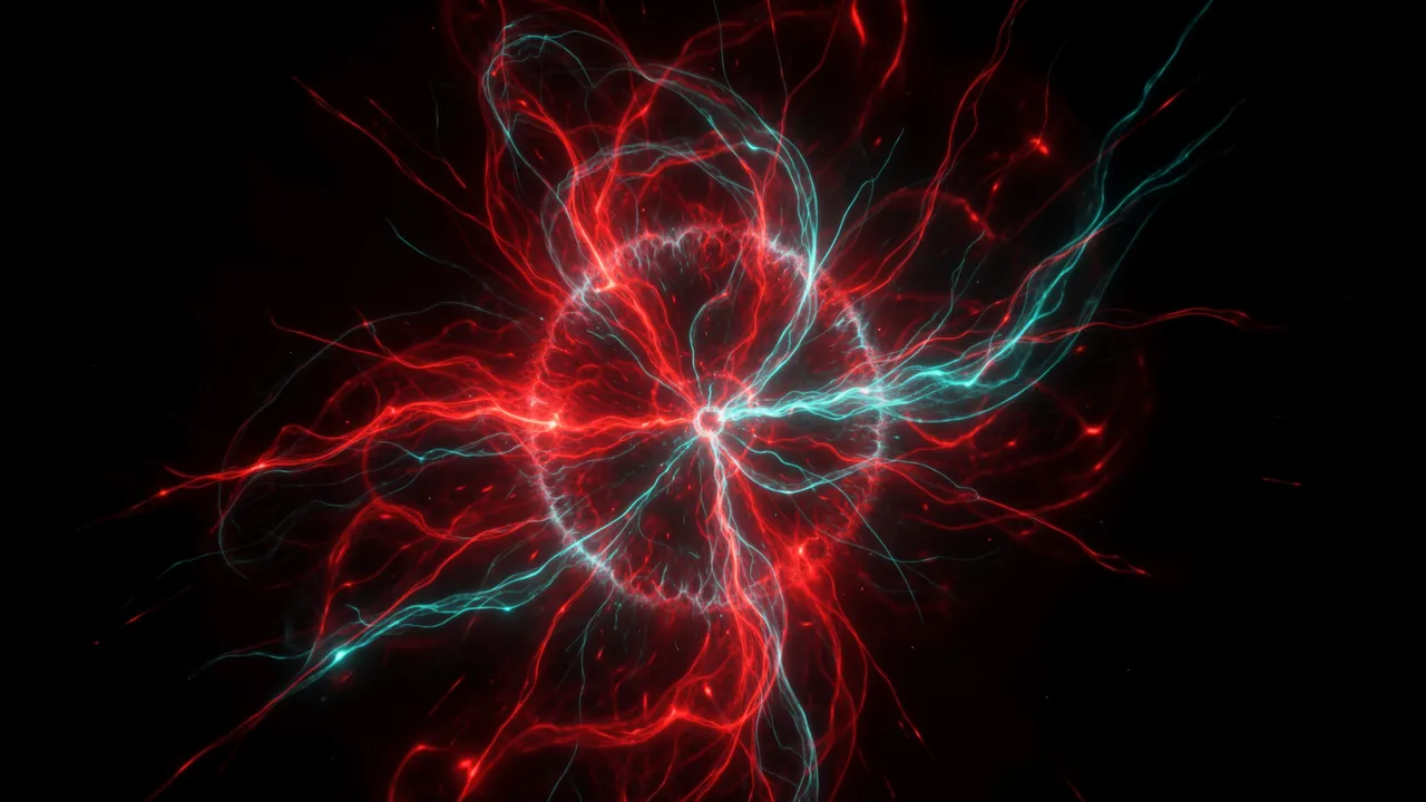 Luminous swirling red and cyan filaments spread outward from a central point against a deep black background