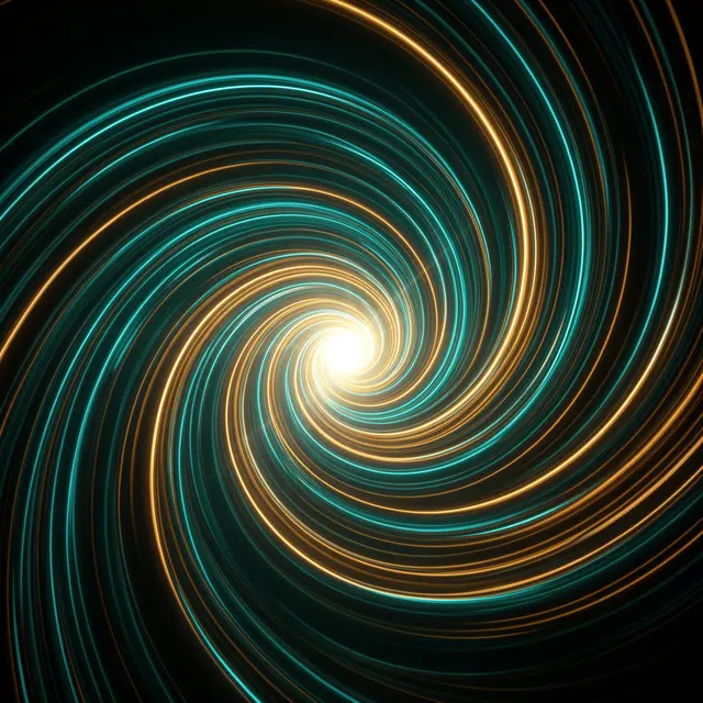 Bright teal and amber light trails spiral outward from a luminous central glow against a dark background