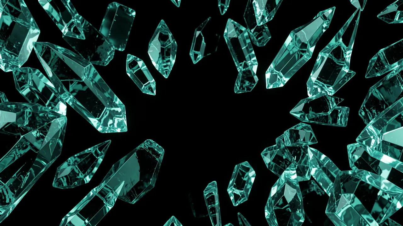 Faceted teal crystal shards arranged in a ring around empty black copy space