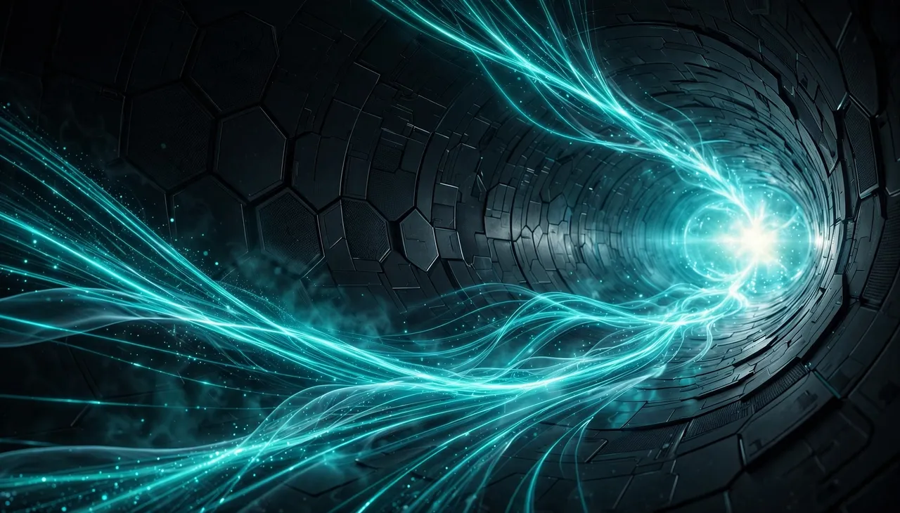 Glowing teal light streams flow through a dark hexagonal tunnel toward a bright central core