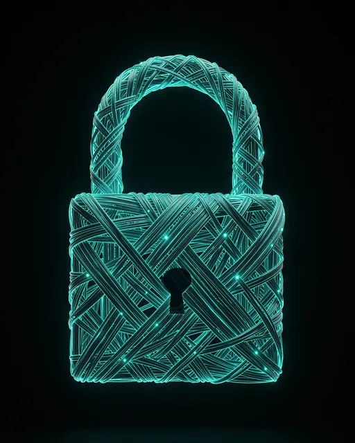 A 3D rendered padlock woven from glowing teal light threads sits against a solid dark background