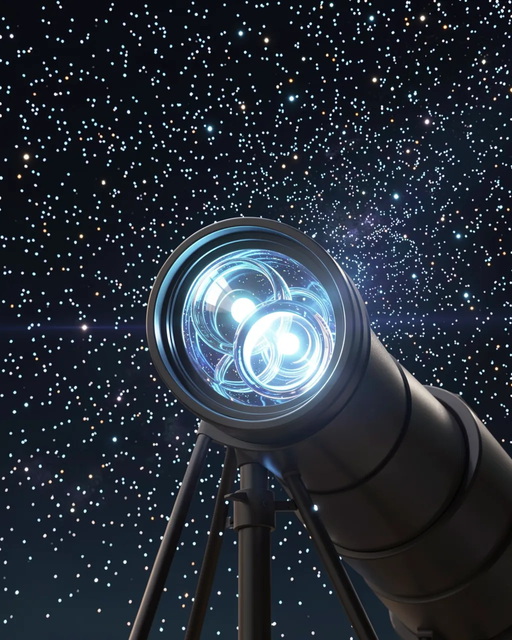 A telescope with luminous glass lenses sits against a dense field of twinkling stars in dark night sky