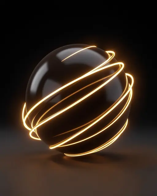 Bright golden light trails wrap around a glossy dark sphere against a dark minimal background