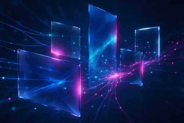3D rendered translucent glowing panels connected by luminous threads in deep blue and magenta