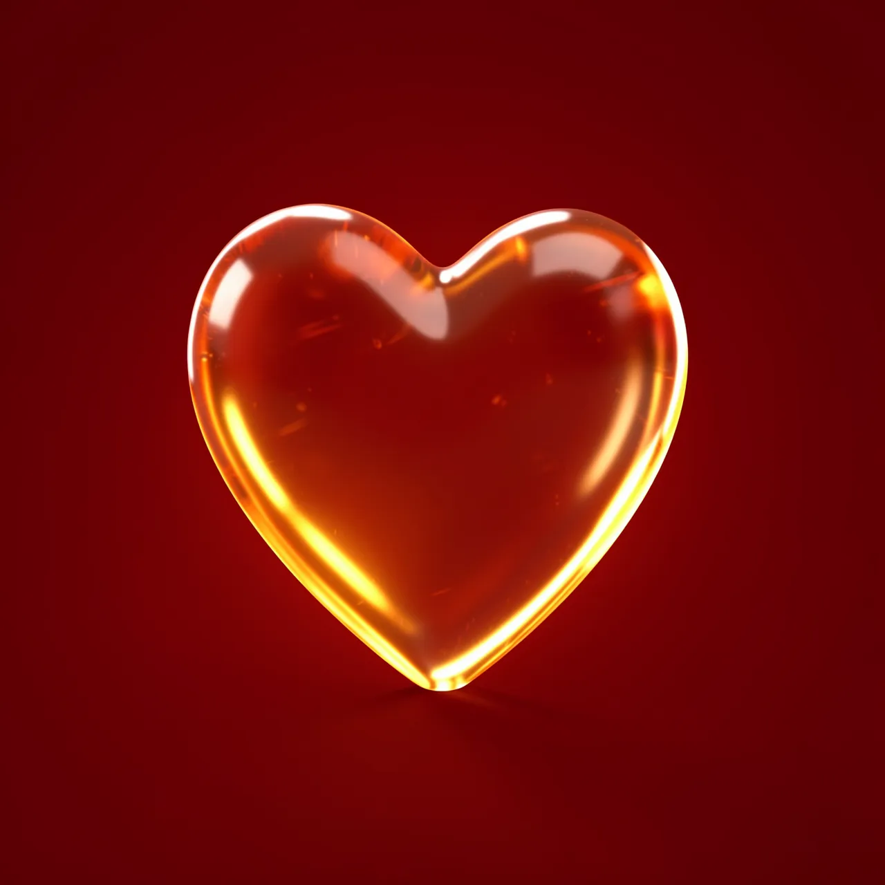 A glossy translucent amber gummy heart glows with warm light against a deep red solid background