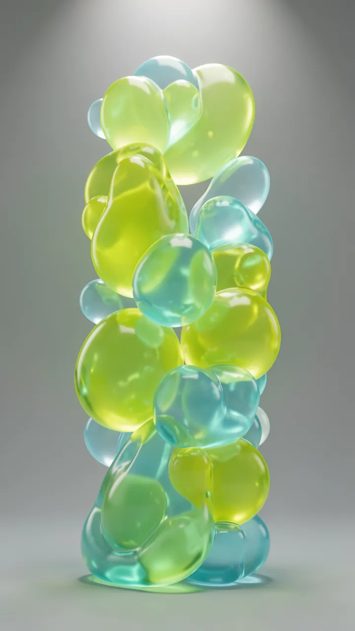 Vertical stacked cluster of translucent lime green and turquoise jelly forms lit by soft top light