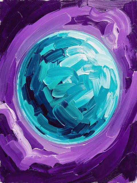 Bold brushstroke oil painting of a glowing turquoise planet against a swirling violet cosmic sky