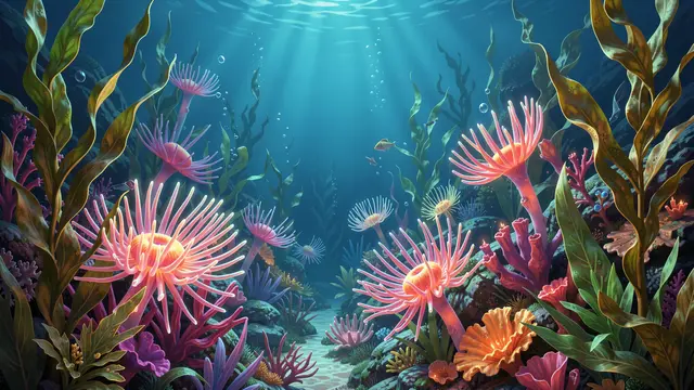 Sunbeams filter through blue ocean water onto glowing anemones and tall kelp lining an underwater path