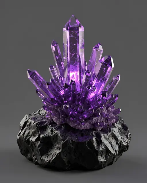 A glowing purple amethyst crystal cluster grows from a rough dark volcanic rock against a plain gray background
