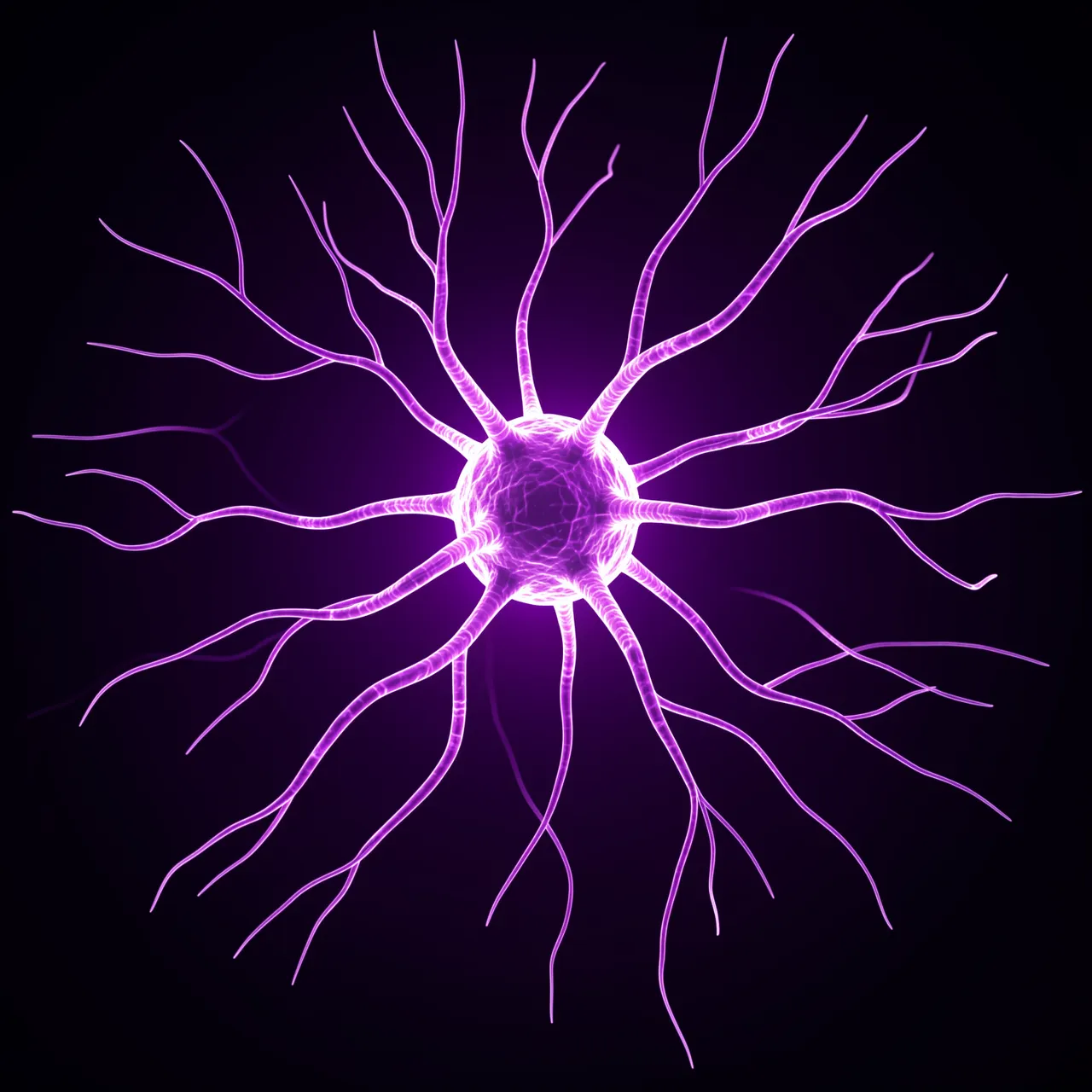A glowing wireframe neuron with branching tendrils glows purple against a dark black background