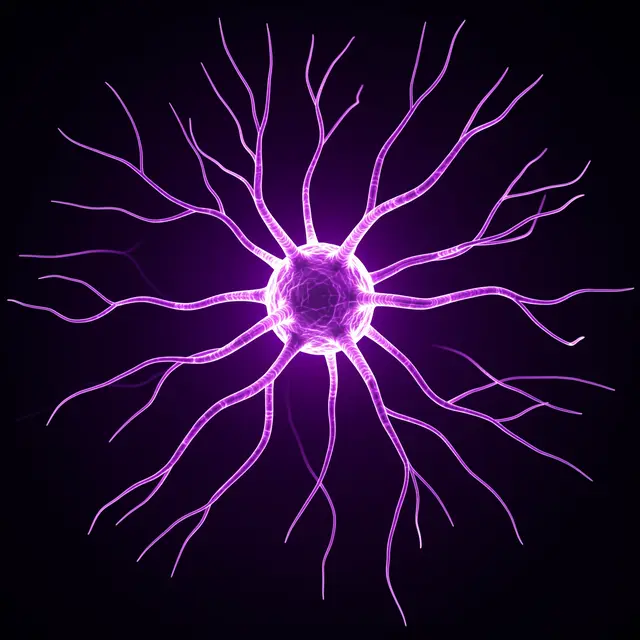 A glowing wireframe neuron with branching tendrils glows purple against a dark black background