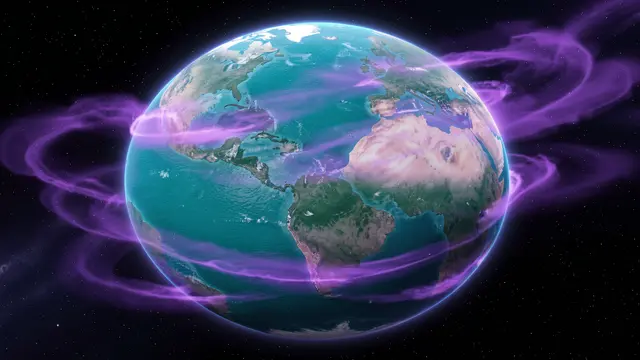 A turquoise ocean world seen from space with swirling glowing violet cloud bands against a starry black sky