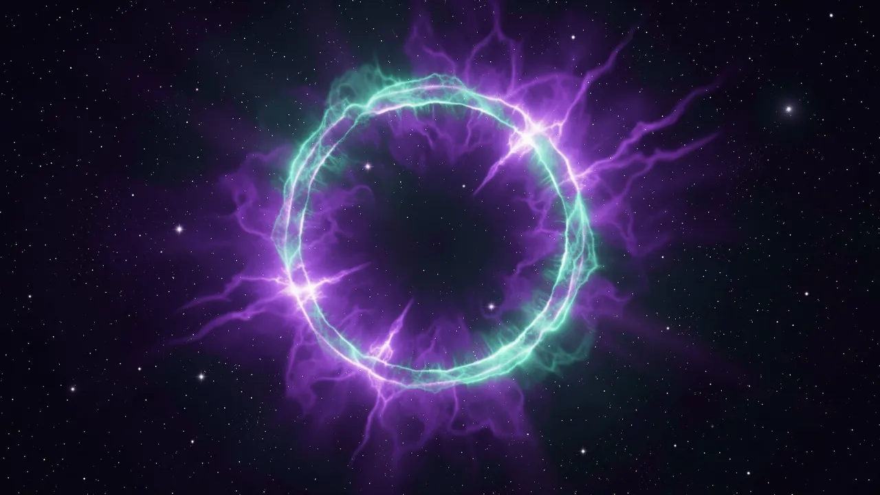 A glowing circular ring nebula in purple and turquoise sits against a dark starry space background