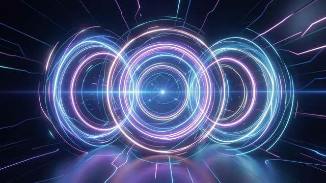 Interlocking neon circular light portals glow with blue and purple hues against a dark futuristic digital background