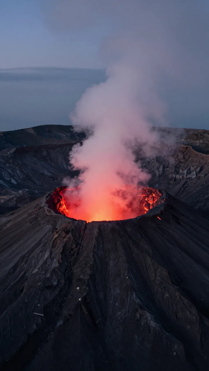 An active volcano emits glowing red light and rising steam from its crater rim at twilight