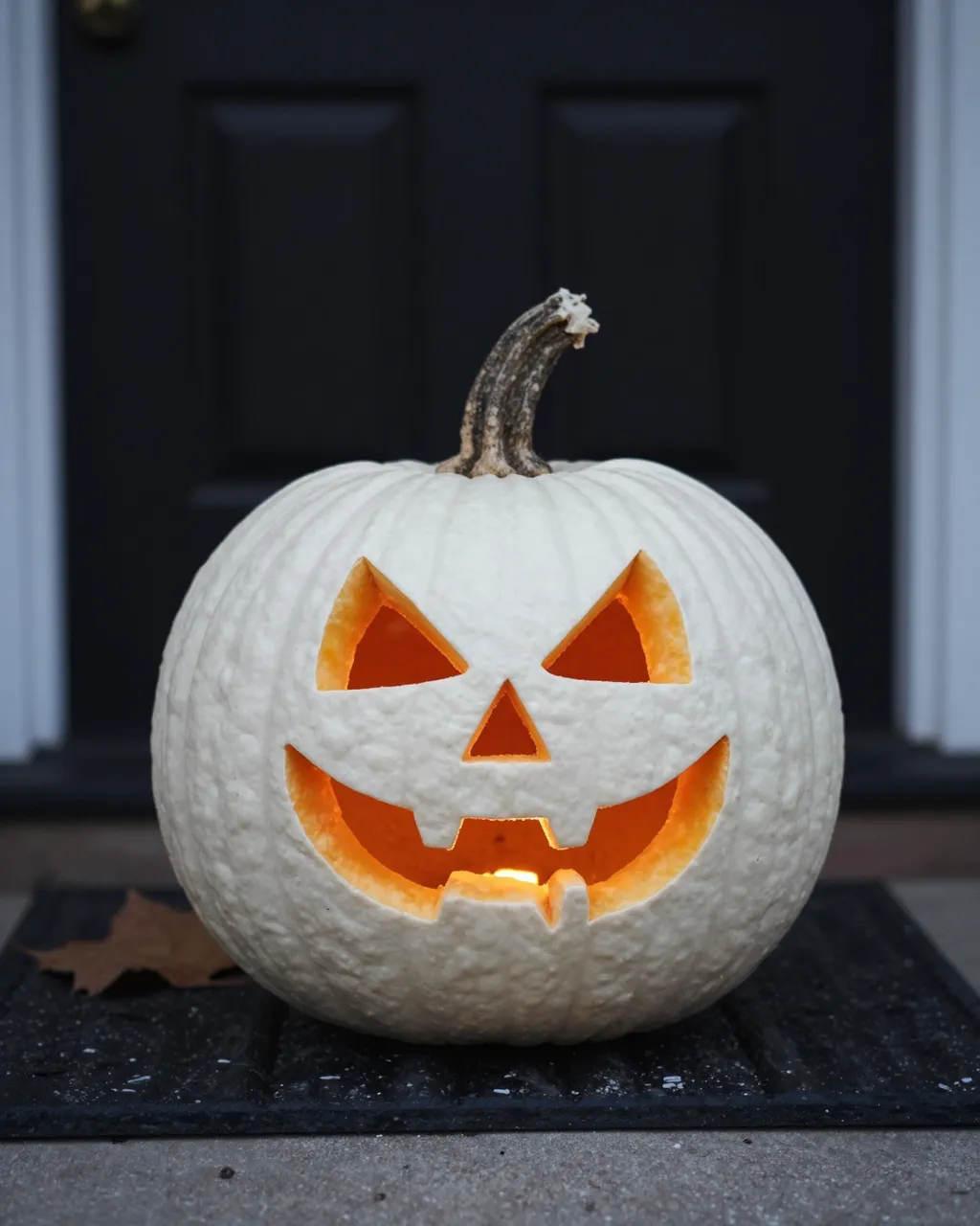 A lit carved white jack-o-lantern sits on a dark front doormat at dusk