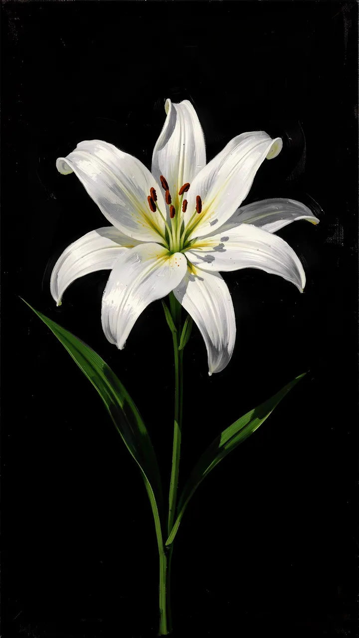 A glowing single white lily with green stem and leaves sits against a deep solid black background