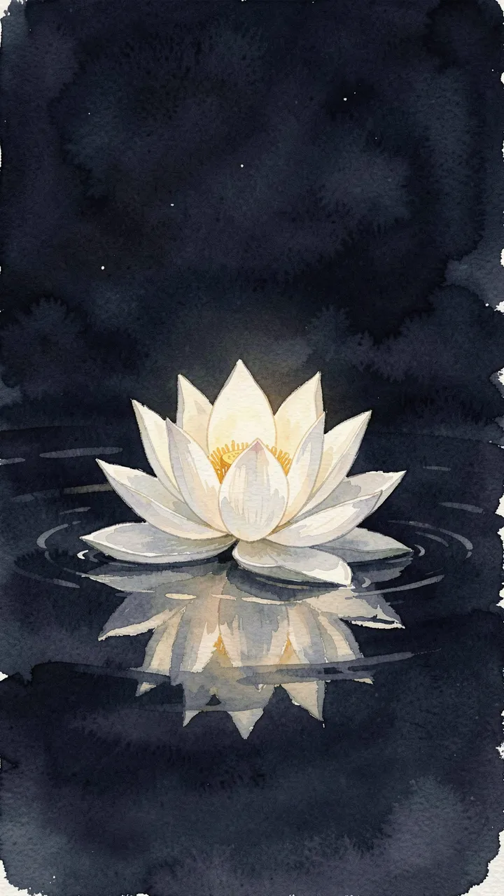 Watercolor illustration of a glowing white lotus floating on dark still night water with a clear reflection