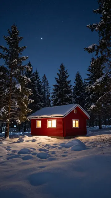 Red wooden cabin with lit windows sits in snow under a starry night pine forest sky