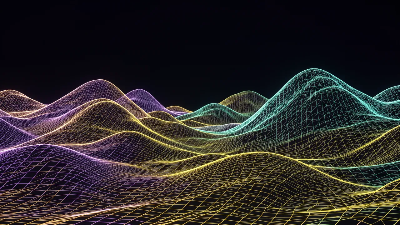 Glowing multicolored wireframe wave-like hills stretch across a dark digital landscape