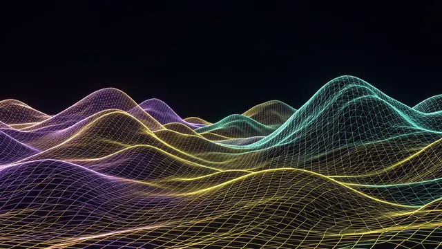 Glowing multicolored wireframe wave-like hills stretch across a dark digital landscape