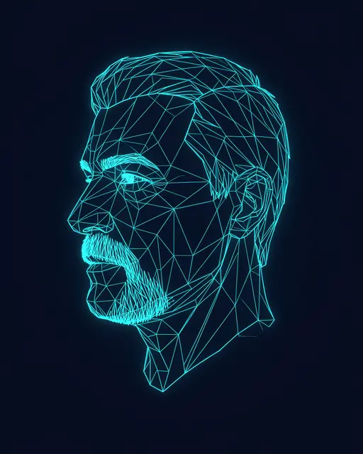 Cyan low poly wireframe profile of a middle aged man against a dark navy background