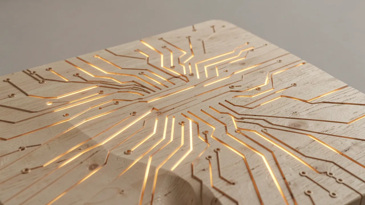 Pale wood slab with carved circuit traces lit by warm glowing light from the grooved lines