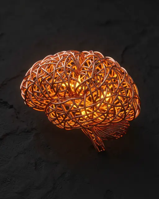 A 3D render of a brain sculpted from woven copper wire glowing warm orange from within on a dark charcoal background
