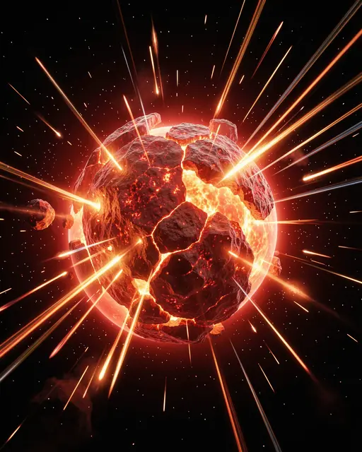 Cracked red-hot newborn planet glows with molten lava as glowing meteors streak through dark starry space