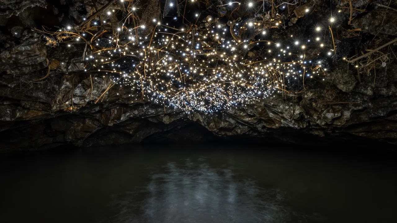 Tiny glowing points of light dot a dark rocky cave ceiling above calm still water