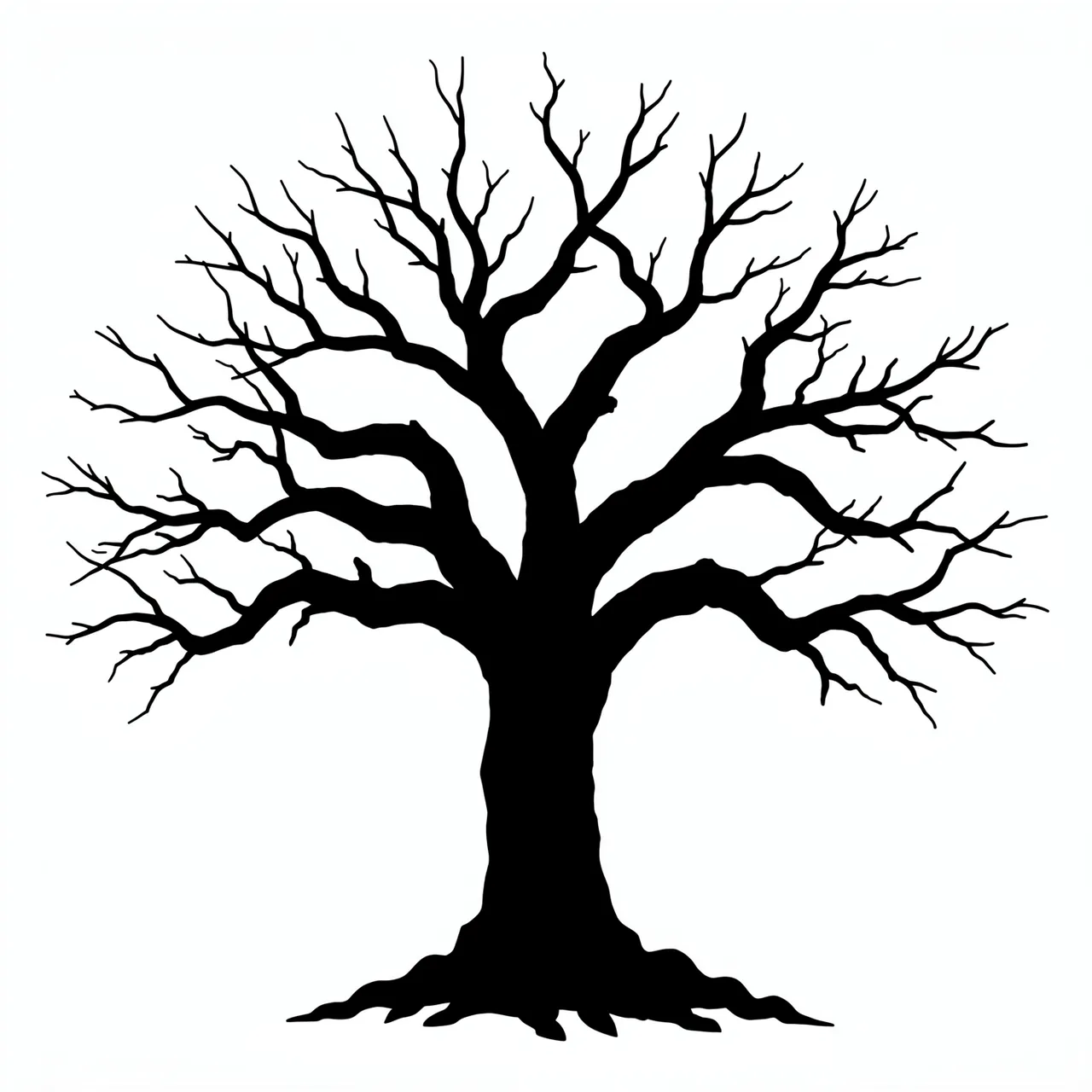 Solid black silhouette of a twisted leafless tree on a plain white background