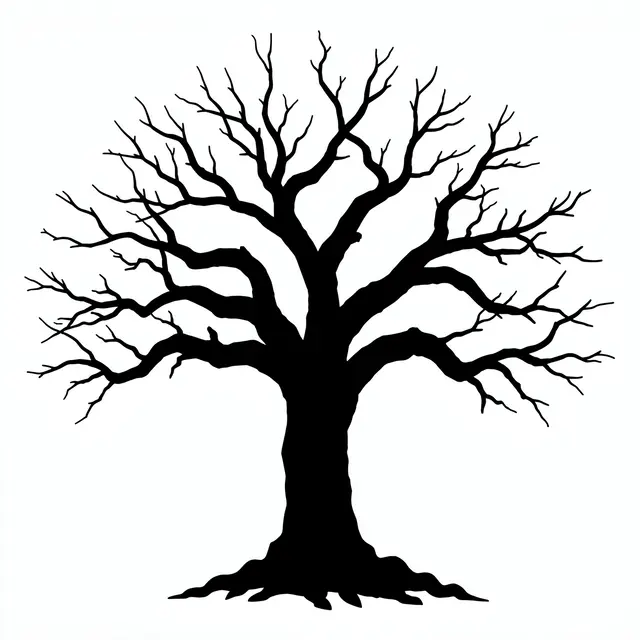 Solid black silhouette of a twisted leafless tree on a plain white background
