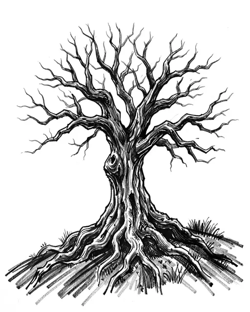 Charcoal sketch of a gnarled leafless old tree standing on a small grassy hill against white paper