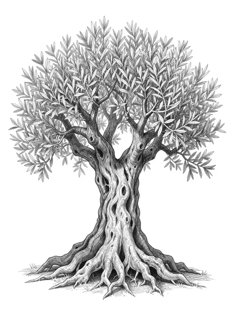 Detailed graphite pencil sketch of a gnarled mature olive tree with exposed roots and leafy canopy on white paper
