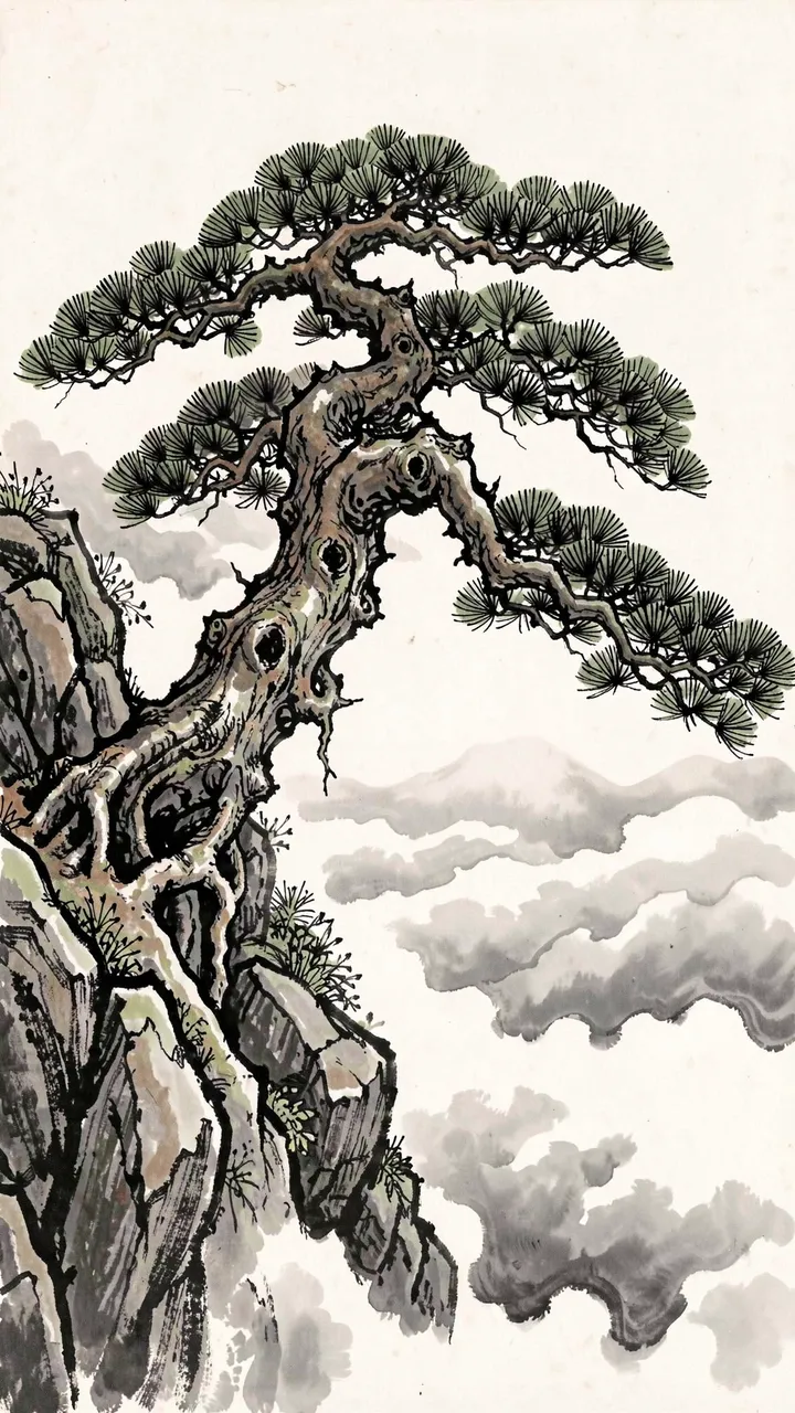 Traditional ink wash painting of a twisted pine tree growing from a rocky cliff above misty clouds