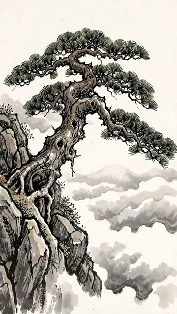Traditional ink wash painting of a twisted pine tree growing from a rocky cliff above misty clouds